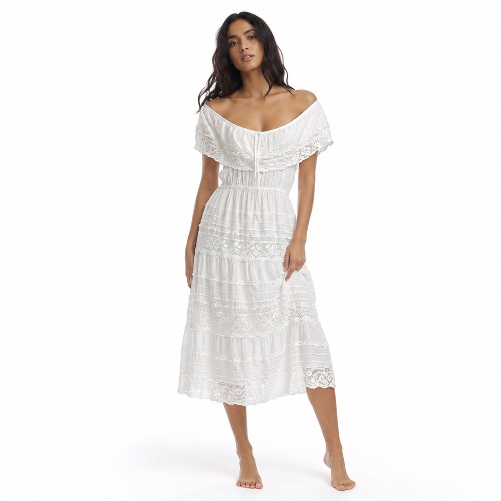Vtg Women Off Shoulder Dress L White Small Boho Cottagecore Lace Tiered Fairy
